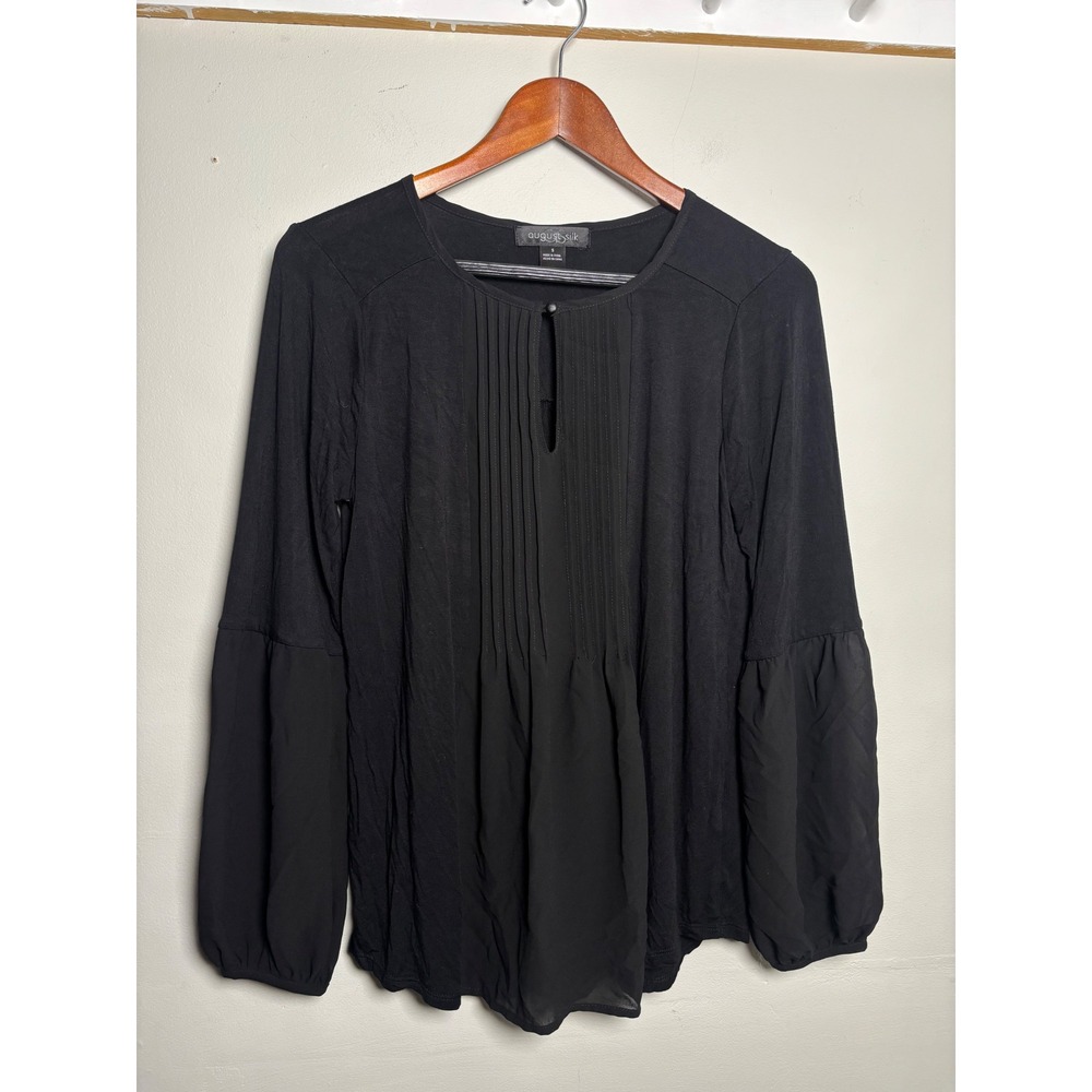 August Silk Black Pintuck Keyhole Blouse Womens Small Puff Sleeve